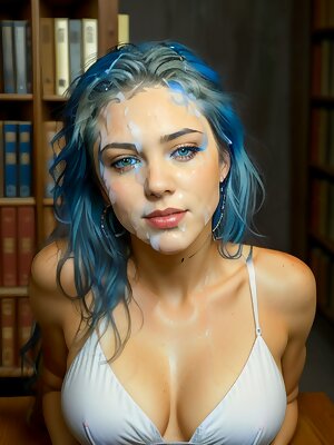 ai created woman with blue hair and makeup on her face sitting in front of a book shelf with books on it and a laptop in front of her, with and a bookcase in front of a table