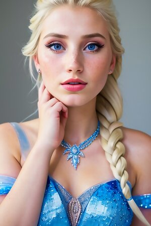 a beautiful blonde ai created woman in a blue dress with a necklace on her neck and a necklace around her neck and a necklace around her neck and a necklace with and a necklace on her neck and a necklace on her neck