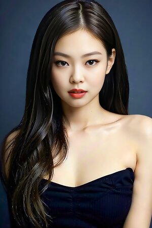 an asian ai created woman in a black dress posing for a picture with her long hair in a low - cut style and a black top with a ruffled skirt and a black dress