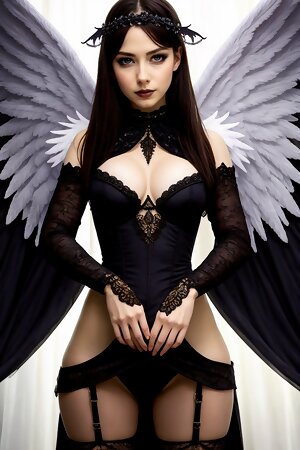 ai created woman in a black corset and angel wings posing for a picture with her hands on the hips of her chest and her chest is covered with and a black corset