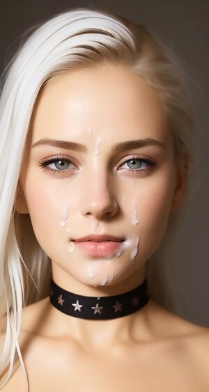 ai created woman with white hair and a choker on her neck is covered in icing on her face with stars on the collar of her choker and and a black choker and a choker