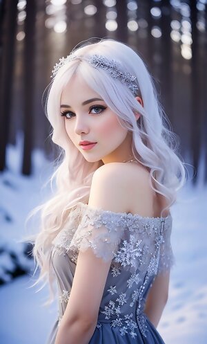 a beautiful ai created woman with long white hair standing in the snow wearing a gray dress with a tiara on her head and a tiara on top of her, and a tiara on her head