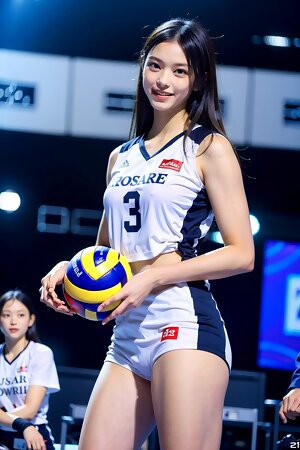a beautiful young lady holding a volleyball in her hand and posing for a picture in front of a group of people in a room with a screen behind her, and a ball