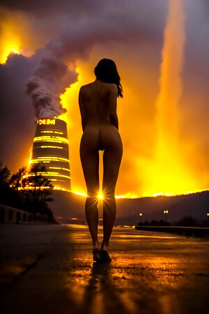 a naked ai created woman standing in front of a factory with smoke pouring out of the top of the smokestack in front of a building that has a fire and the smoke stack in the background