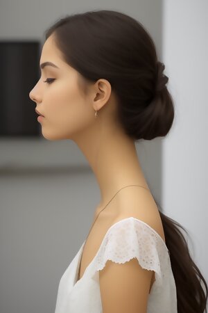 ai created woman in a white dress with her hair in a pony tail and wearing a white dress with lace on the shoulders and a white shirt with a white and a white collared top